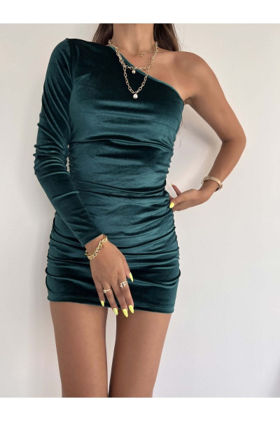 Kadın Tek Omuz Kadife Kumaş Drape Detay Mini Elbise Kadın Tek Omuz Kadife Kumaş Drape Detay Mini Elbise