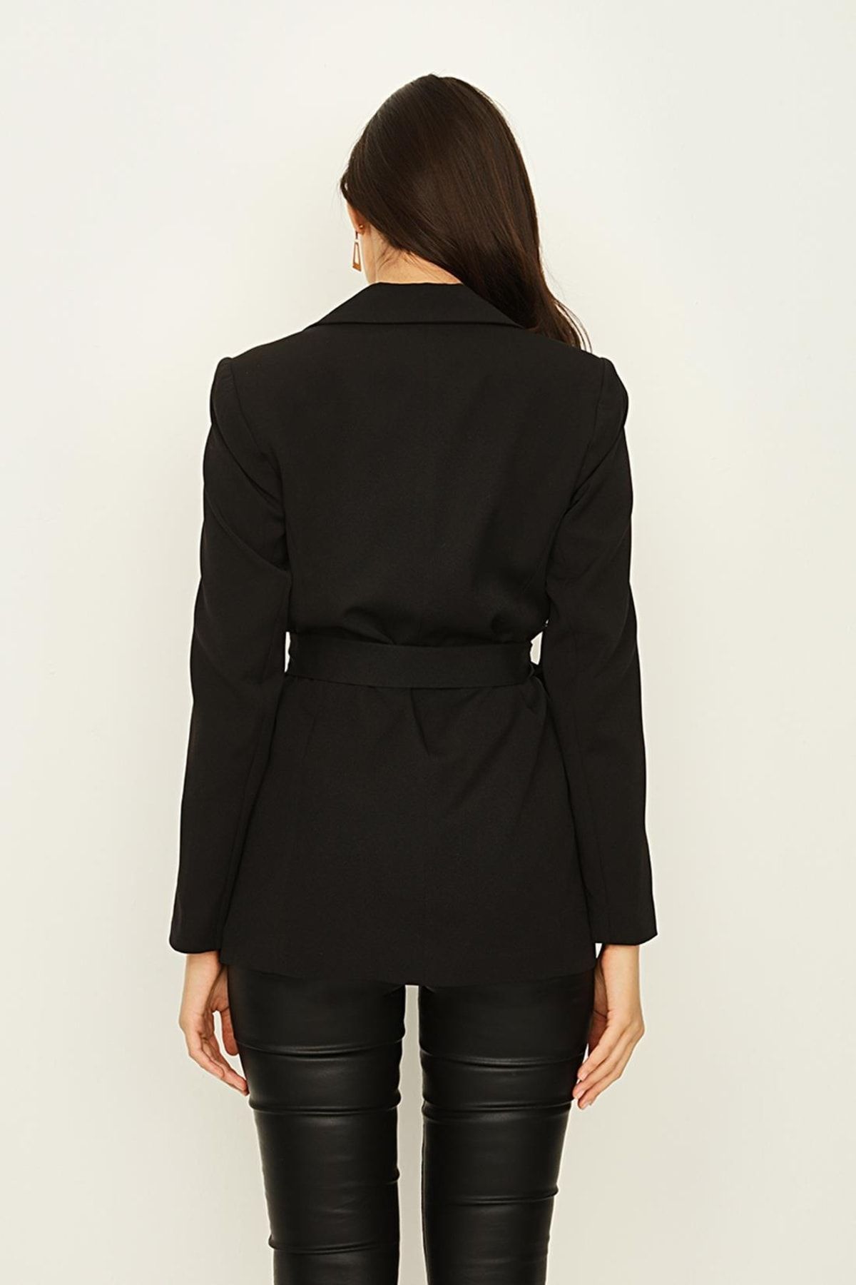Kadın Siyah Kuşaklı Astarlı Blazer Ceket Kadın Siyah Kuşaklı Astarlı Blazer Ceket