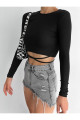 Siyah Ip Bağlamalı Uzun Kollu Fitilli Crop Bluz Siyah Ip Bağlamalı Uzun Kollu Fitilli Crop Bluz
