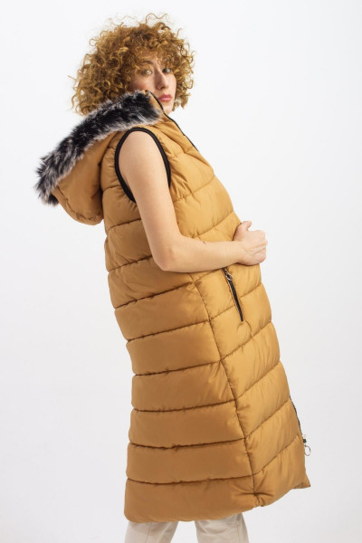 Kapişonlu Kadın Şişme Yelek 10054 Karamel Kapişonlu Kadın Şişme Yelek 10054 Karamel