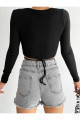 Siyah Ip Bağlamalı Uzun Kollu Fitilli Crop Bluz Siyah Ip Bağlamalı Uzun Kollu Fitilli Crop Bluz