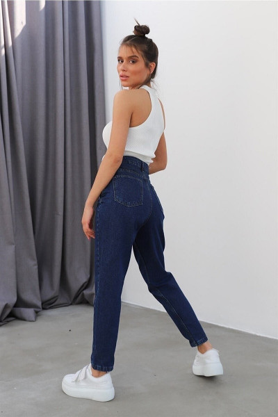 Marta Koyu Mavi Likralı Mom Fit Fermuarlı Jean Pantolon