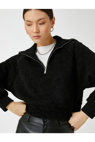 Kadın Sweatshirt Siyah 3wak30121ek Kadife Sweatshirt Fermuarlı Dik Yaka