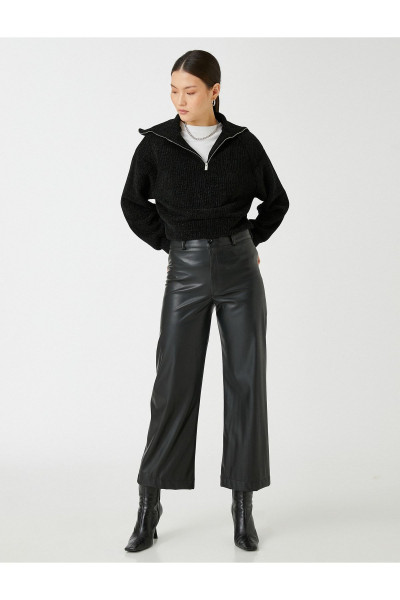 Kadın Sweatshirt Siyah 3wak30121ek Kadife Sweatshirt Fermuarlı Dik Yaka