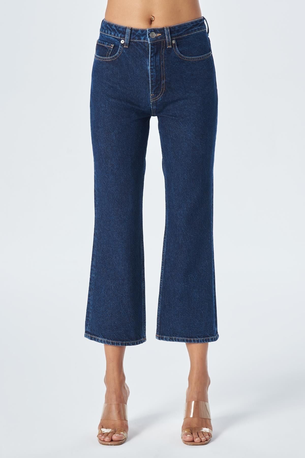 Koyu Mavi Fermuarlı Kick Flare Jean Pantolon C 4528-027 Koyu Mavi Fermuarlı Kick Flare Jean Pantolon C 4528-027