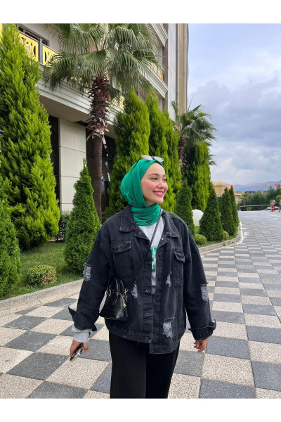 Yırtıklı Oversize Cep Detaylı Kot Ceket Yırtıklı Oversize Cep Detaylı Kot Ceket