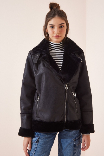 Kadın Siyah Kürklü Güderi Mont RV00004 Kadın Siyah Kürklü Güderi Mont RV00004