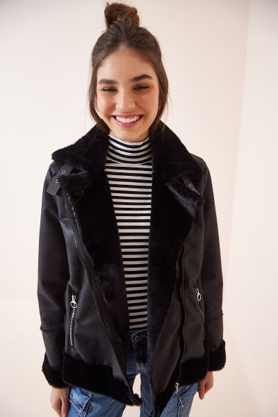 Kadın Siyah Kürklü Güderi Mont RV00004 Kadın Siyah Kürklü Güderi Mont RV00004