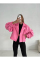 Suni Deri Geniş Kollu Pembe Bomber Ceket Suni Deri Geniş Kollu Pembe Bomber Ceket