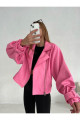 Suni Deri Geniş Kollu Pembe Bomber Ceket Suni Deri Geniş Kollu Pembe Bomber Ceket