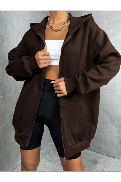 Kahverengi Fermuarlı Oversize Sweatshirt Kahverengi Fermuarlı Oversize Sweatshirt