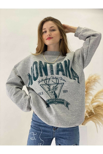 Kadın Oversize Montana Baskılı Sweatshirt College