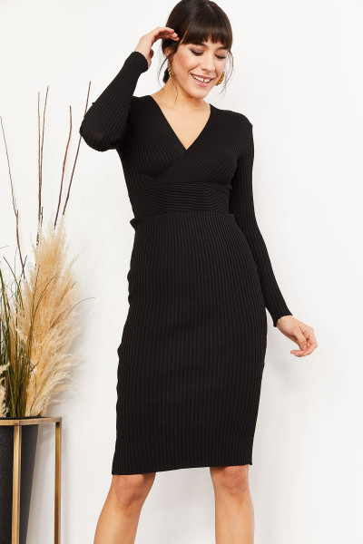 Kadın Siyah Kruvaze Triko Elbise ELB-19001369 Kadın Siyah Kruvaze Triko Elbise ELB-19001369