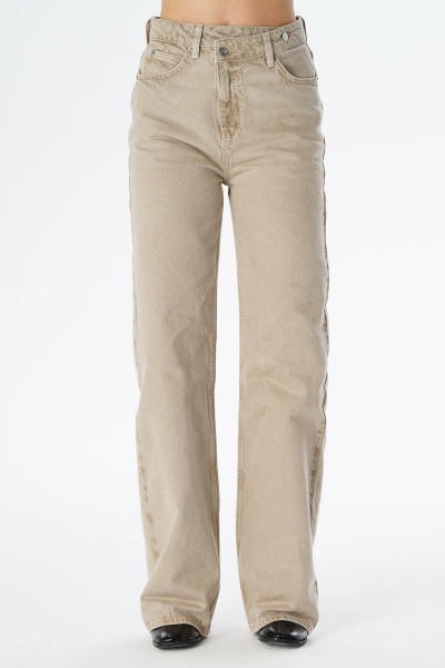 Weslie Bej Rengi Çapraz Kemerli Fermuarlı Wideleg Fit Jean Pantolon