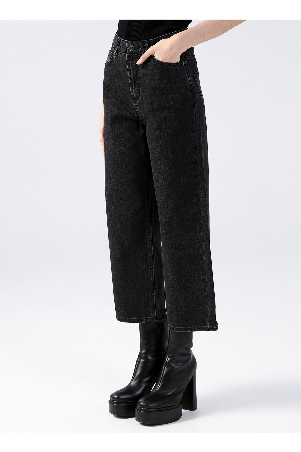Yüksek Bel Açık Antrasit Cropped Fit Kadın Denim Pantolon Eros-2 Yüksek Bel Açık Antrasit Cropped Fit Kadın Denim Pantolon Eros-2