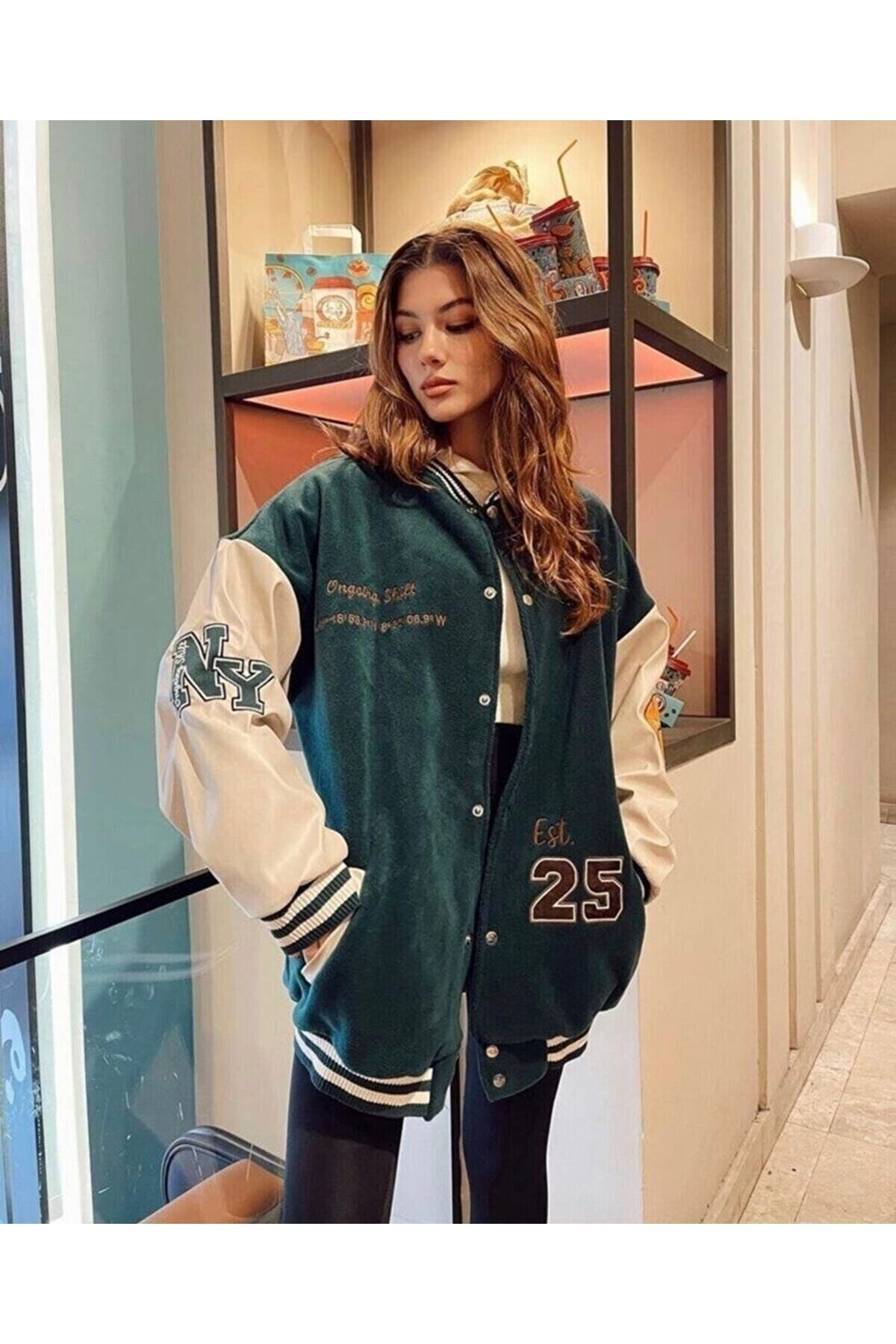 Unisex Yeşil Crystal 1989 Oversize Polar Kolej Ceket Unisex Yeşil Crystal 1989 Oversize Polar Kolej Ceket