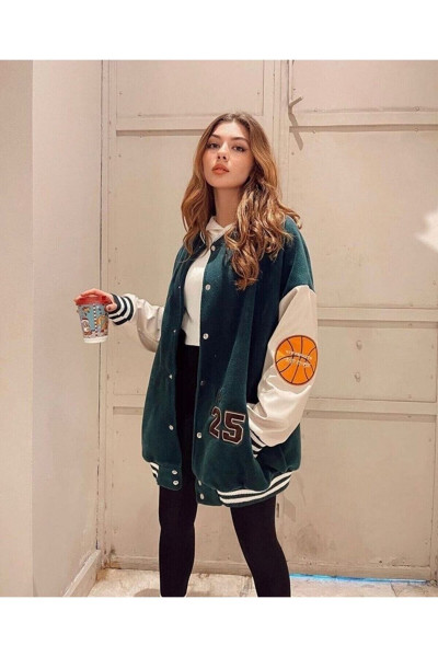 Unisex Yeşil Crystal 1989 Oversize Polar Kolej Ceket