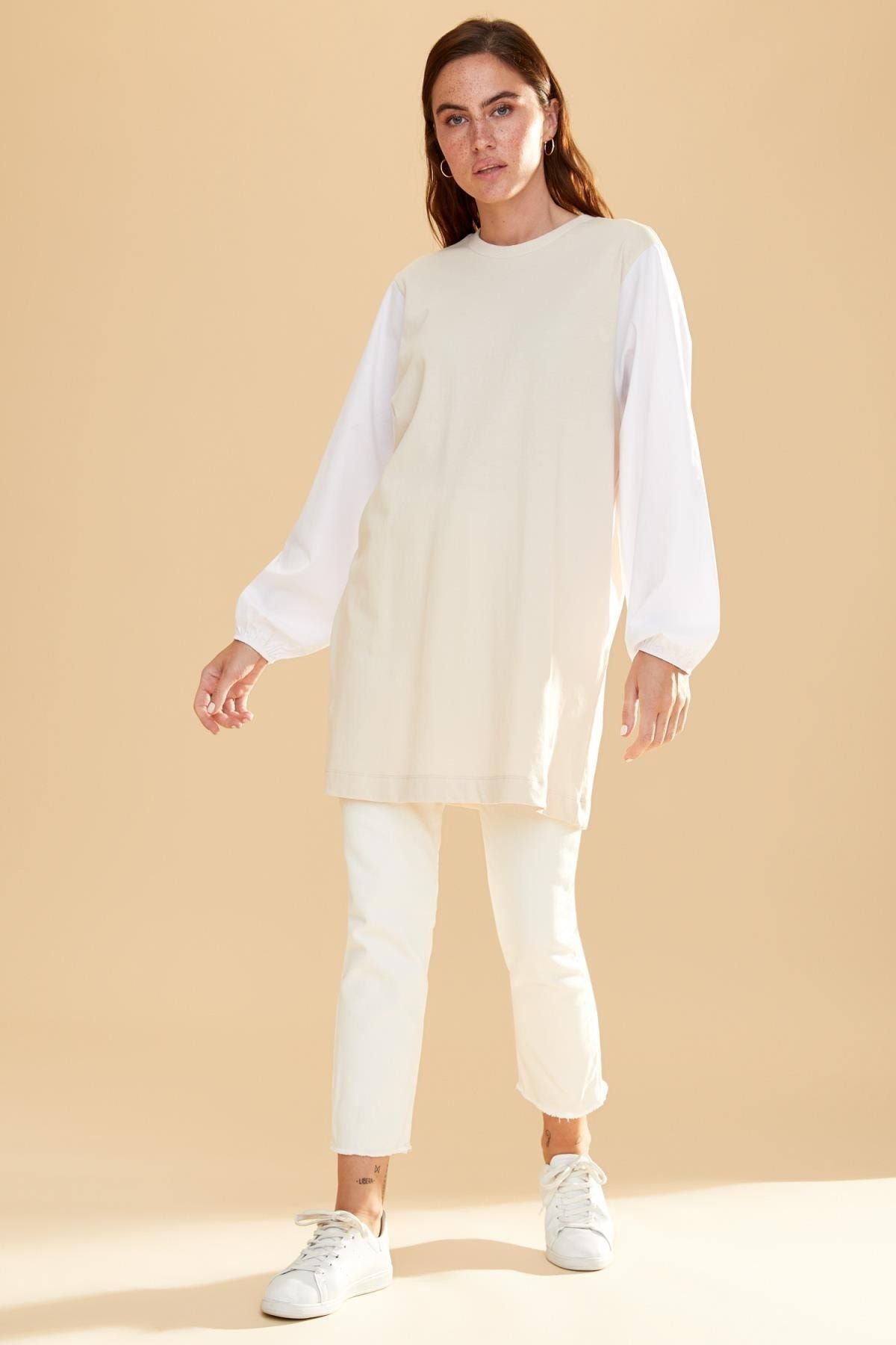 Renk Bloklu Poplin Balon Kollu Relax Fit Tunik Renk Bloklu Poplin Balon Kollu Relax Fit Tunik