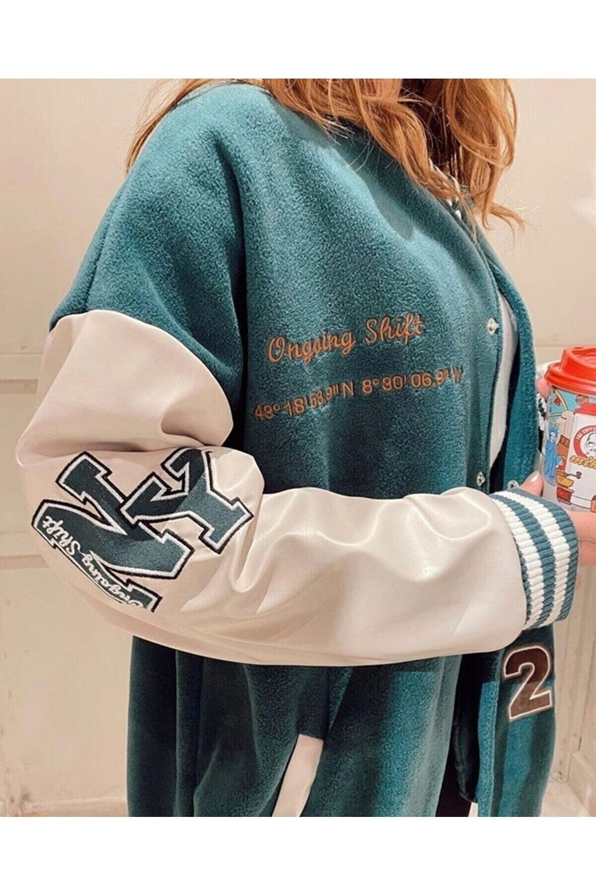Unisex Yeşil Crystal 1989 Oversize Polar Kolej Ceket Unisex Yeşil Crystal 1989 Oversize Polar Kolej Ceket