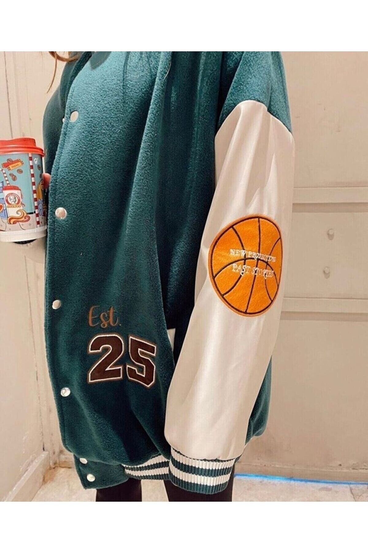 Unisex Yeşil Crystal 1989 Oversize Polar Kolej Ceket Unisex Yeşil Crystal 1989 Oversize Polar Kolej Ceket