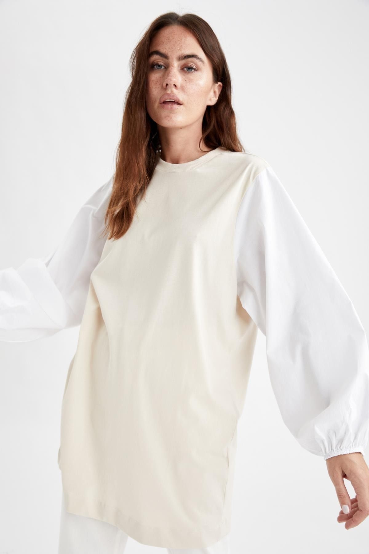 Renk Bloklu Poplin Balon Kollu Relax Fit Tunik Renk Bloklu Poplin Balon Kollu Relax Fit Tunik