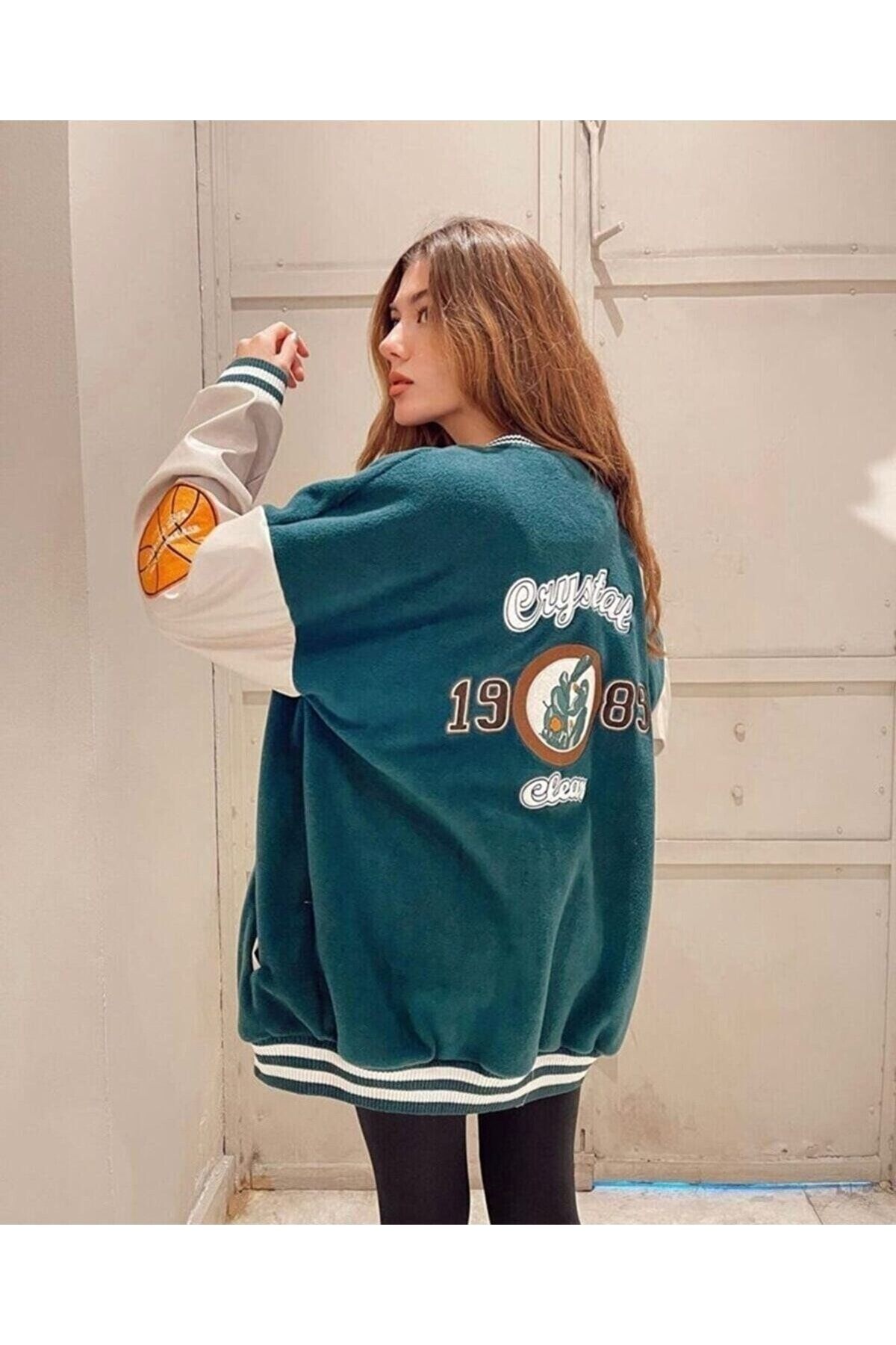 Unisex Yeşil Crystal 1989 Oversize Polar Kolej Ceket Unisex Yeşil Crystal 1989 Oversize Polar Kolej Ceket