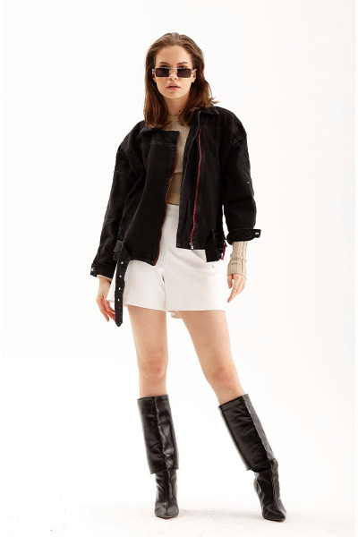 Kadın Siyah Kemerli Denim Kot Mont Kadın Siyah Kemerli Denim Kot Mont