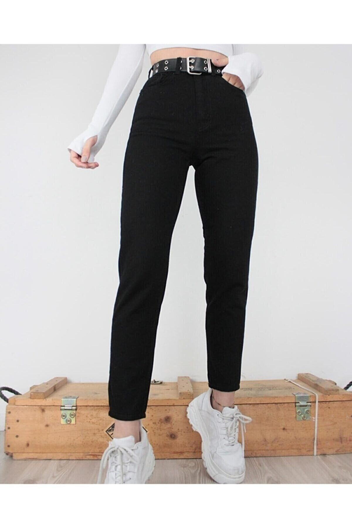 Kadın Siyah Yüksek Bel Mom Likralı Jeans Kadın Siyah Yüksek Bel Mom Likralı Jeans
