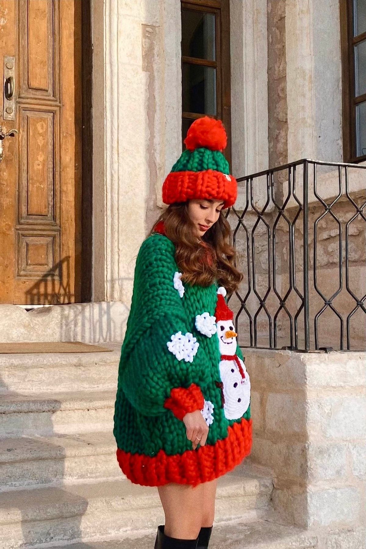 Snowman El Örgüsü Kazak Elbise + Bere Takımı Snowman El Örgüsü Kazak Elbise + Bere Takımı