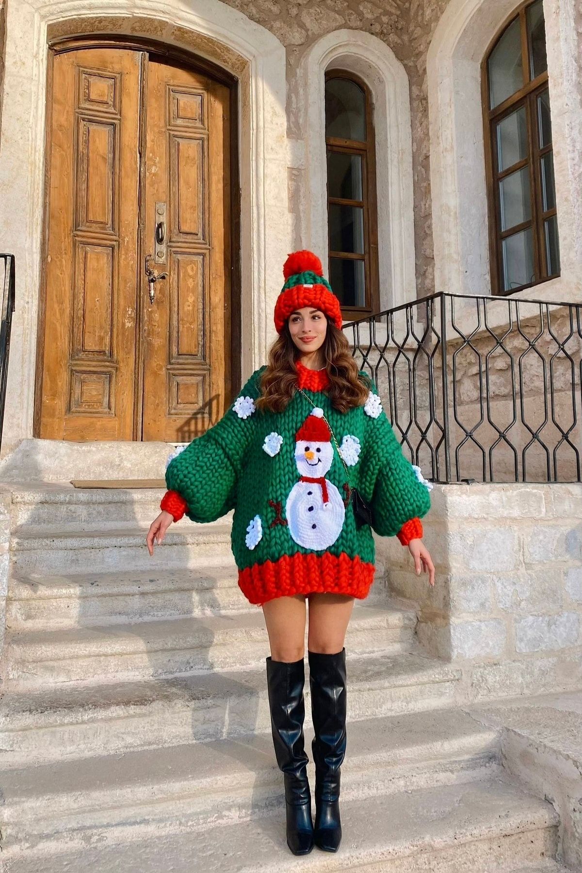 Snowman El Örgüsü Kazak Elbise + Bere Takımı Snowman El Örgüsü Kazak Elbise + Bere Takımı