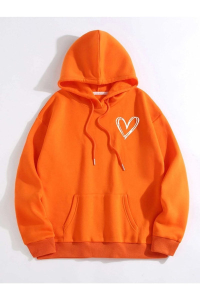 Unisex Turuncu Kalp Baskılı Kapüşonlu Sweatshirt Unisex Turuncu Kalp Baskılı Kapüşonlu Sweatshirt