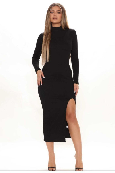 Kadın Yarım Balıkçı Yaka Tek Bacak Yırtmaçlı Uzun Kollu Bodycon Elbise Kadın Yarım Balıkçı Yaka Tek Bacak Yırtmaçlı Uzun Kollu Bodycon Elbise