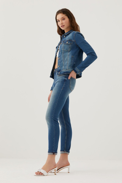 Pantamo Orta Ton Eskitilmiş Yeşilimsi Mavi Klasik Mont Woman's Denım Jacket