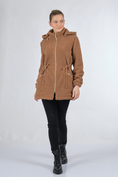 Kapüşonlu Büzgülü Uzun Kollu Camel Kadın Manto 22208057 Kapüşonlu Büzgülü Uzun Kollu Camel Kadın Manto 22208057