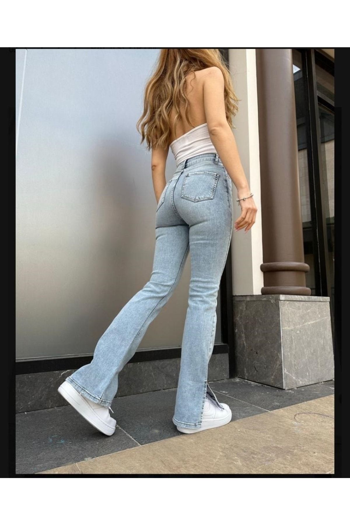 Wendey Power Likralı Kadın Buz Kar Yüksek Bel Yandan Yırtmaçlı Kot Pantolon