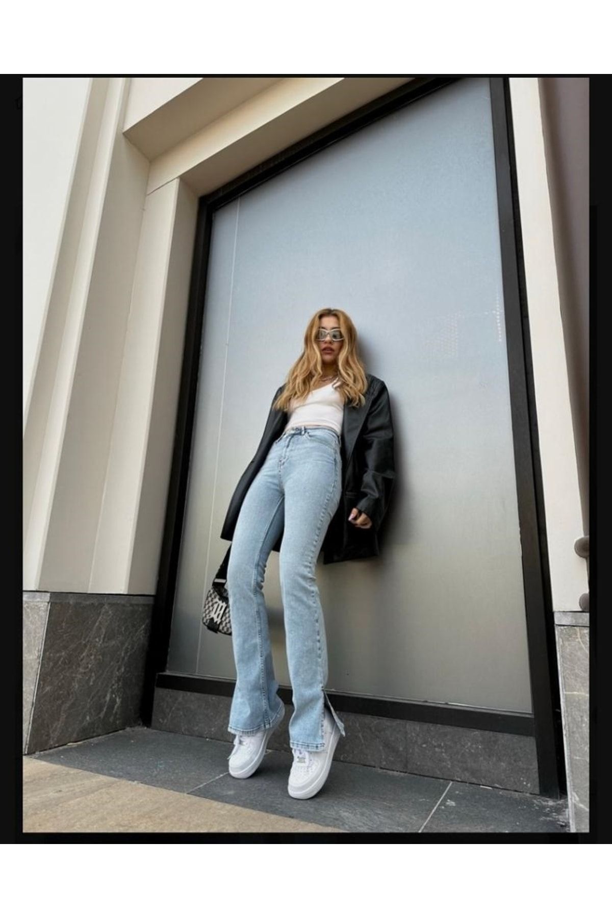 Wendey Power Likralı Kadın Buz Kar Yüksek Bel Yandan Yırtmaçlı Kot Pantolon