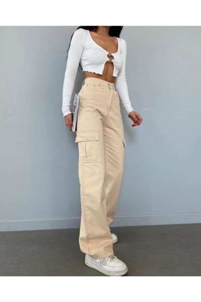 Yüksek Bel Kargo Cepli Jeans Bej Rengi Kot Pantolon Yüksek Bel Kargo Cepli Jeans Bej Rengi Kot Pantolon