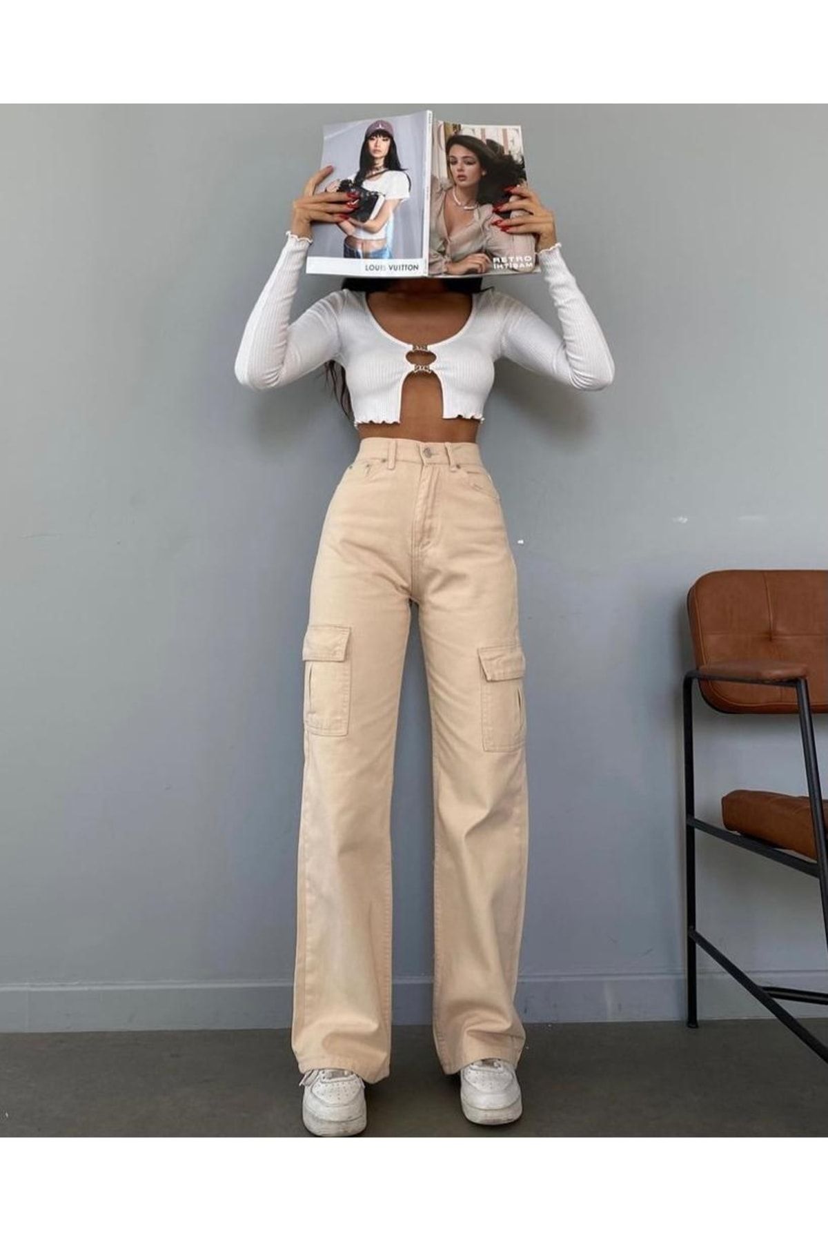 Yüksek Bel Kargo Cepli Jeans Bej Rengi Kot Pantolon Yüksek Bel Kargo Cepli Jeans Bej Rengi Kot Pantolon