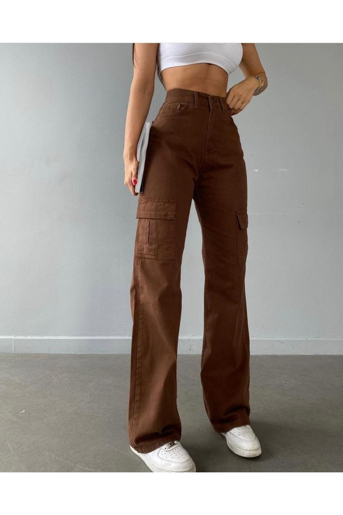 Yüksek Bel Kargo Cepli Jeans Kahverengi Kargo Cep Kot Pantolon Yüksek Bel Kargo Cepli Jeans Kahverengi Kargo Cep Kot Pantolon