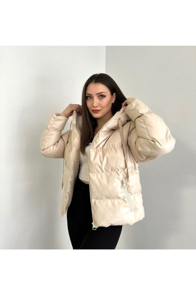 Şişme Kapüşonlu Bej Deri Mont Şişme Kapüşonlu Bej Deri Mont