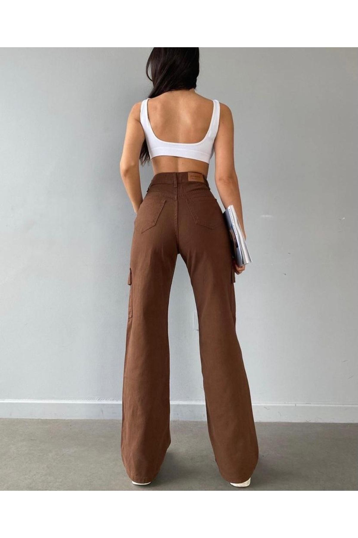 Yüksek Bel Kargo Cepli Jeans Kahverengi Kargo Cep Kot Pantolon Yüksek Bel Kargo Cepli Jeans Kahverengi Kargo Cep Kot Pantolon
