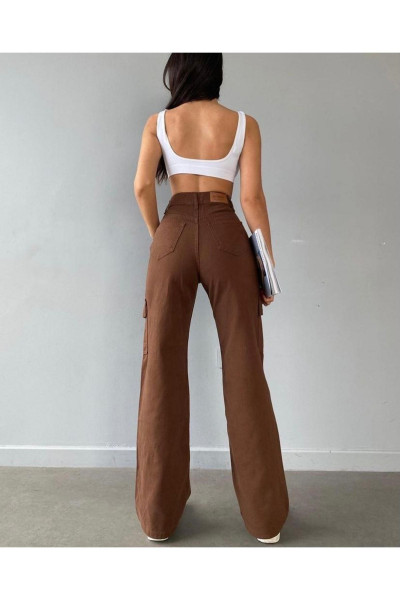 Yüksek Bel Kargo Cepli Jeans Kahverengi Kargo Cep Kot Pantolon Yüksek Bel Kargo Cepli Jeans Kahverengi Kargo Cep Kot Pantolon