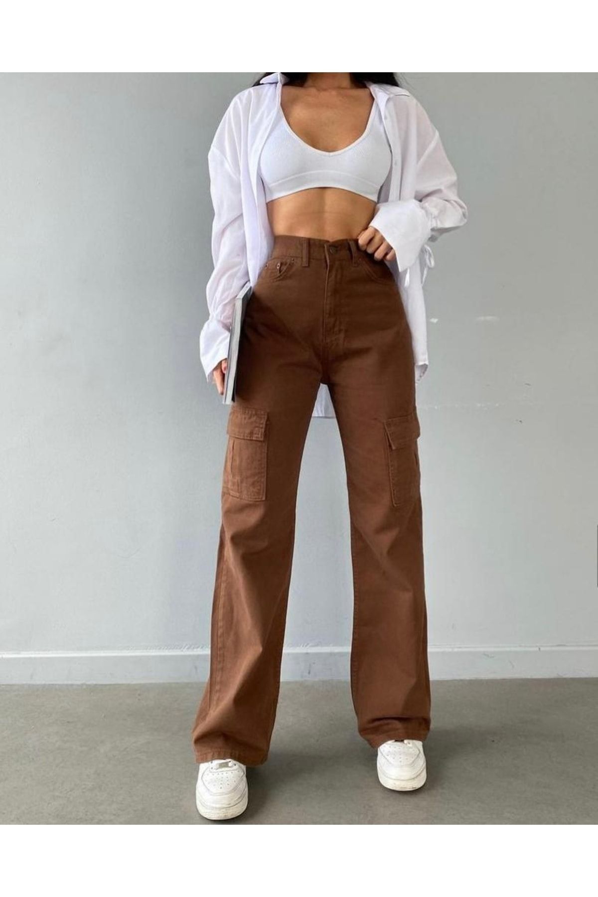Yüksek Bel Kargo Cepli Jeans Kahverengi Kargo Cep Kot Pantolon Yüksek Bel Kargo Cepli Jeans Kahverengi Kargo Cep Kot Pantolon