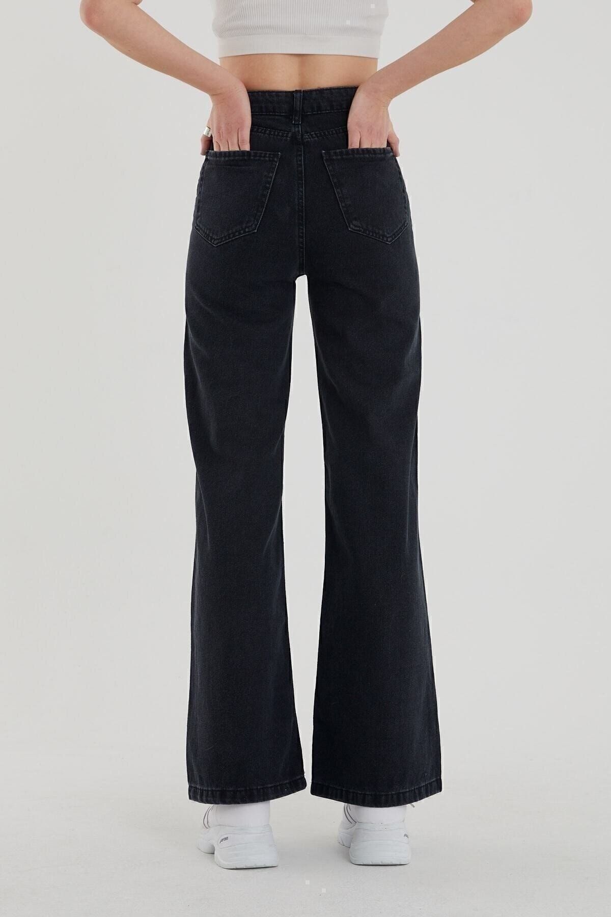 Kadın Siyah Yüksek Bel Bol Paça Denim Kot Pantolon Kadın Siyah Yüksek Bel Bol Paça Denim Kot Pantolon