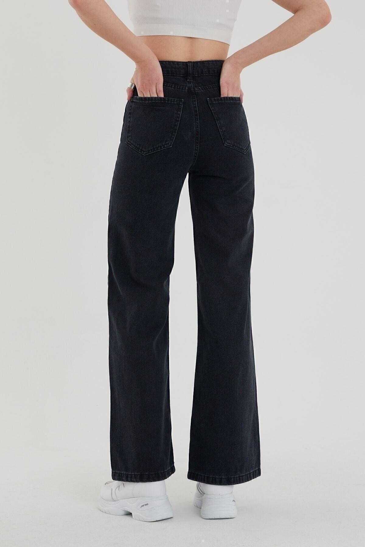 Kadın Siyah Yüksek Bel Bol Paça Denim Kot Pantolon Kadın Siyah Yüksek Bel Bol Paça Denim Kot Pantolon