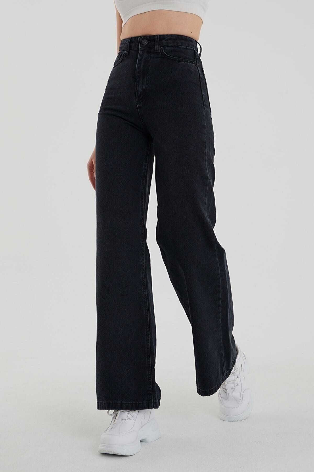 Kadın Siyah Yüksek Bel Bol Paça Denim Kot Pantolon Kadın Siyah Yüksek Bel Bol Paça Denim Kot Pantolon