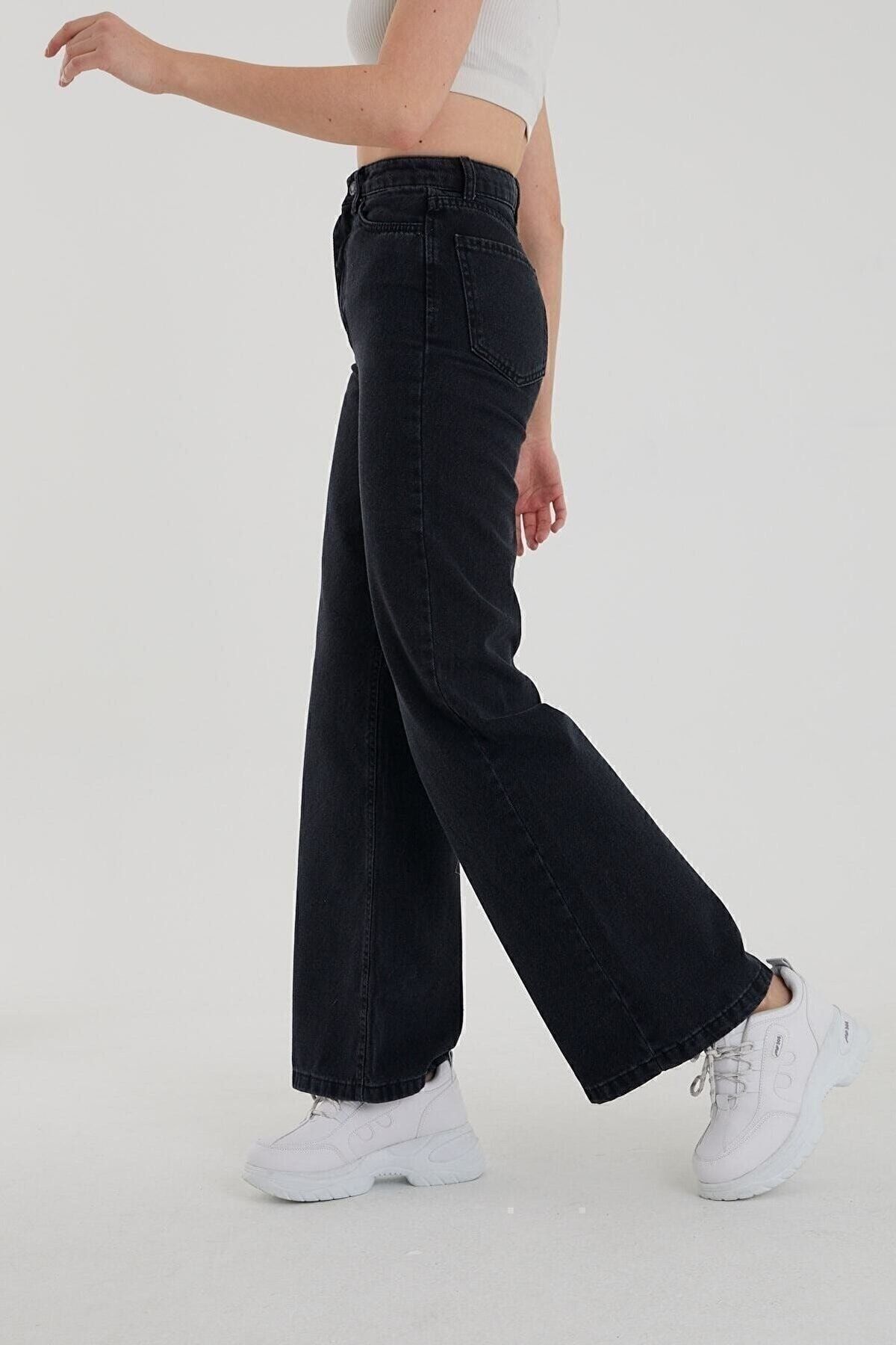 Kadın Siyah Yüksek Bel Bol Paça Denim Kot Pantolon Kadın Siyah Yüksek Bel Bol Paça Denim Kot Pantolon