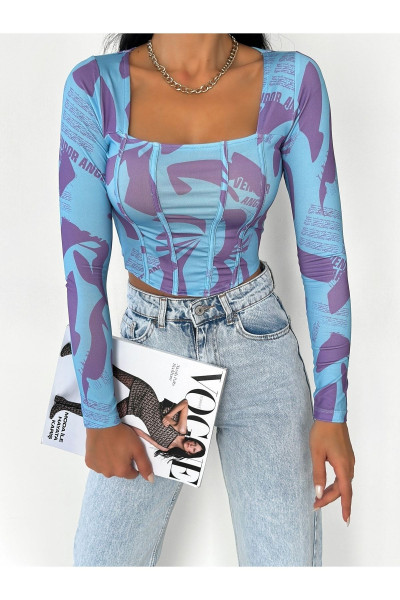 Mavi Desenli Kare Yaka Korse Görünümlü Dijital Baskılı Kadın Bluz