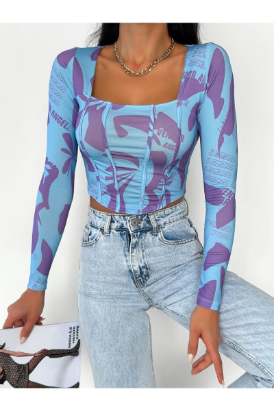 Mavi Desenli Kare Yaka Korse Görünümlü Dijital Baskılı Kadın Bluz