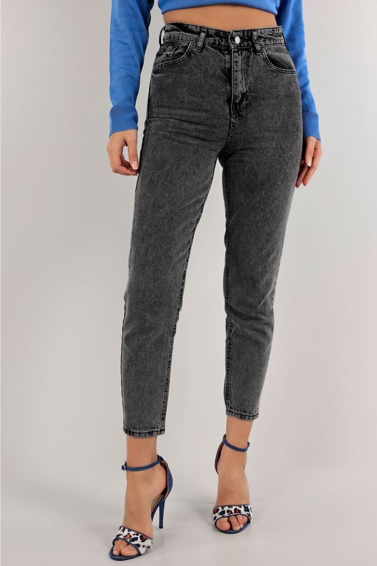 Trendy Kadın Füme Yüksek Bel Yumuşak Dokunuşlu Rahat Kesim Mom Jean Kot Pantolon Trendy Kadın Füme Yüksek Bel Yumuşak Dokunuşlu Rahat Kesim Mom Jean Kot Pantolon
